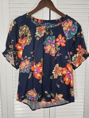 Democracy Short Half Smock Sleeve Round Neck Floral Print Boho Shirt Sz S